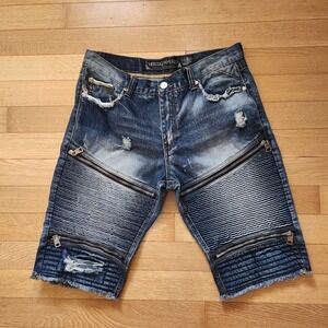Heritage America Mens Moto Denim Shorts Blue Distressed Zipper Ribbed W36
